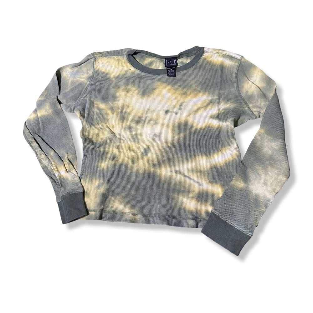 INC Thermal Top Women Medium Green Excellent Tie Dye Waffle Knit Long Sleeve